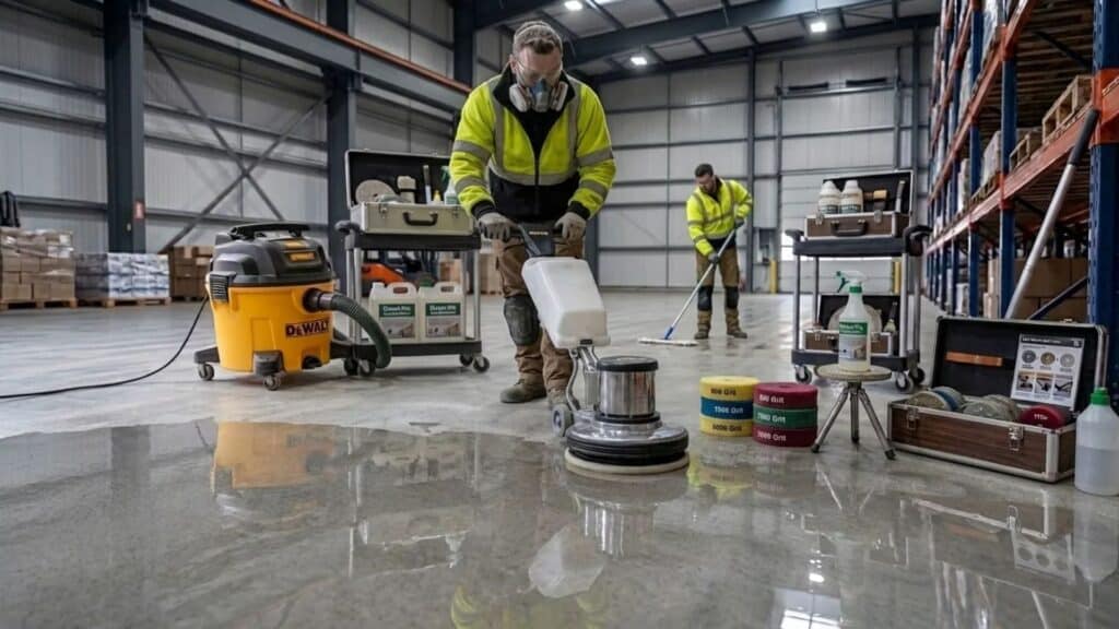 worker polishing concrete floor with machine in warehouse, tools and grit pads visible