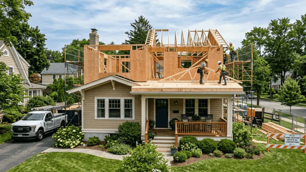 workers building second story addition on a single-story home with wood framing visible.