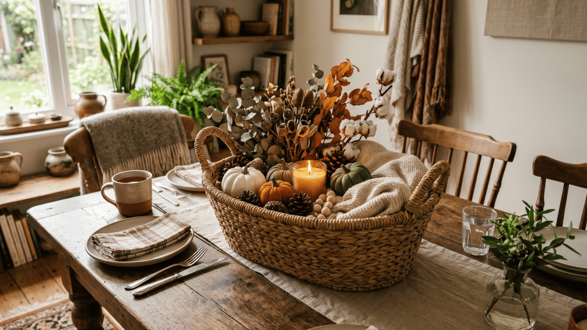 woven basket centerpiece adding texture and warmth to a dining table