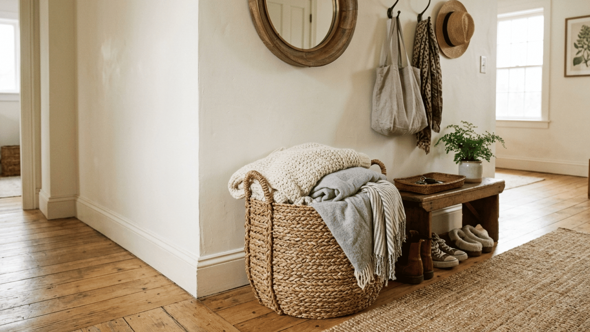Woven basket in hallway used for storing shoes, blankets, or daily items