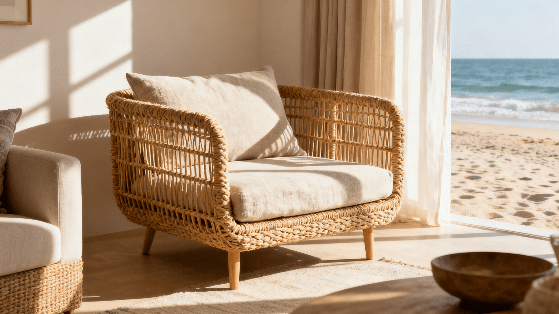 woven rattan armchair with cushion beside window overlooking sandy beach and ocean in warm sunlight