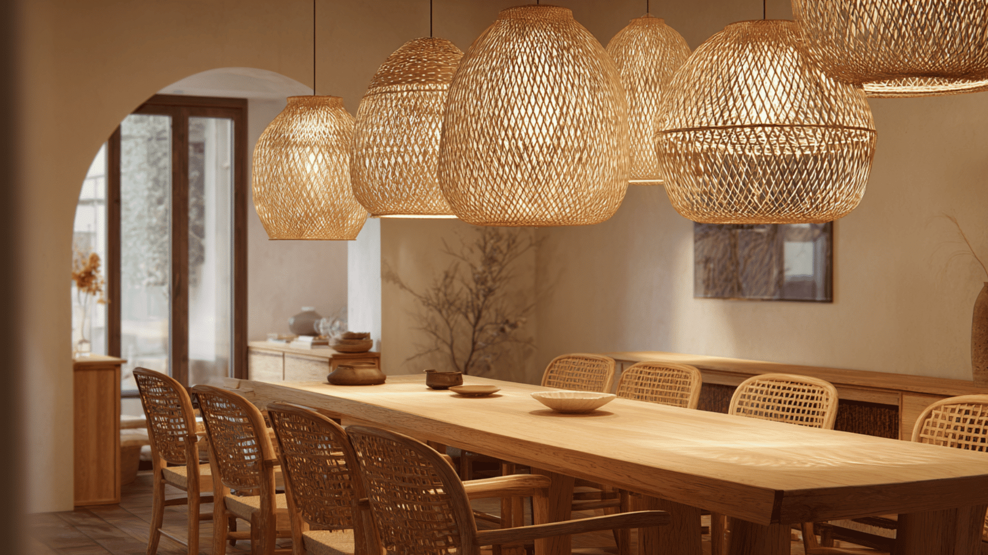 woven rattan pendant light above dining table casting soft patterned light