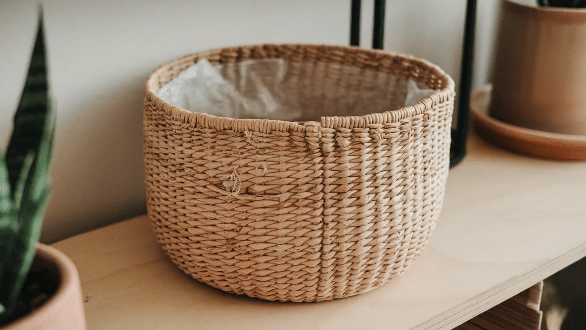 woven straw basket with a natural finish, sitting on a shelf next to a potted plant, adding a rustic and earthy touch to the decor.