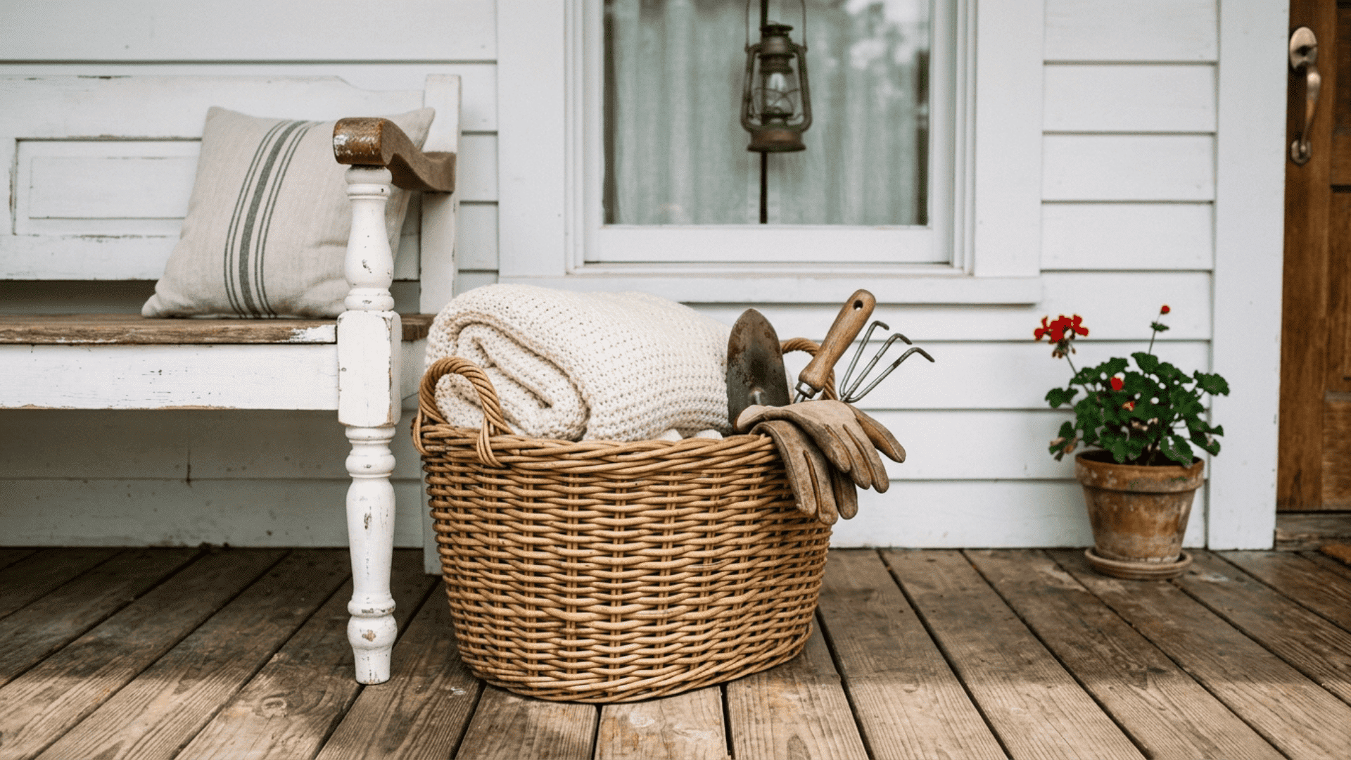 woven wicker basket beside farmhouse porch bench holding folded throw and small gardening tools on wood floor