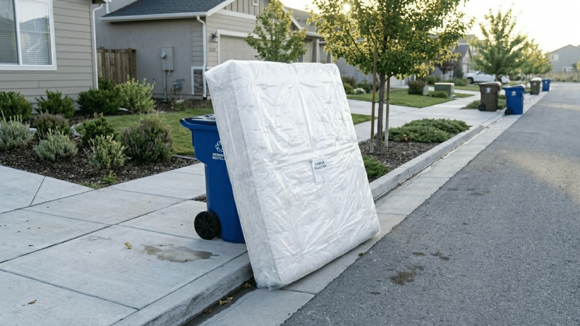 wrapped mattress placed on curbside near trash bins for pickup.