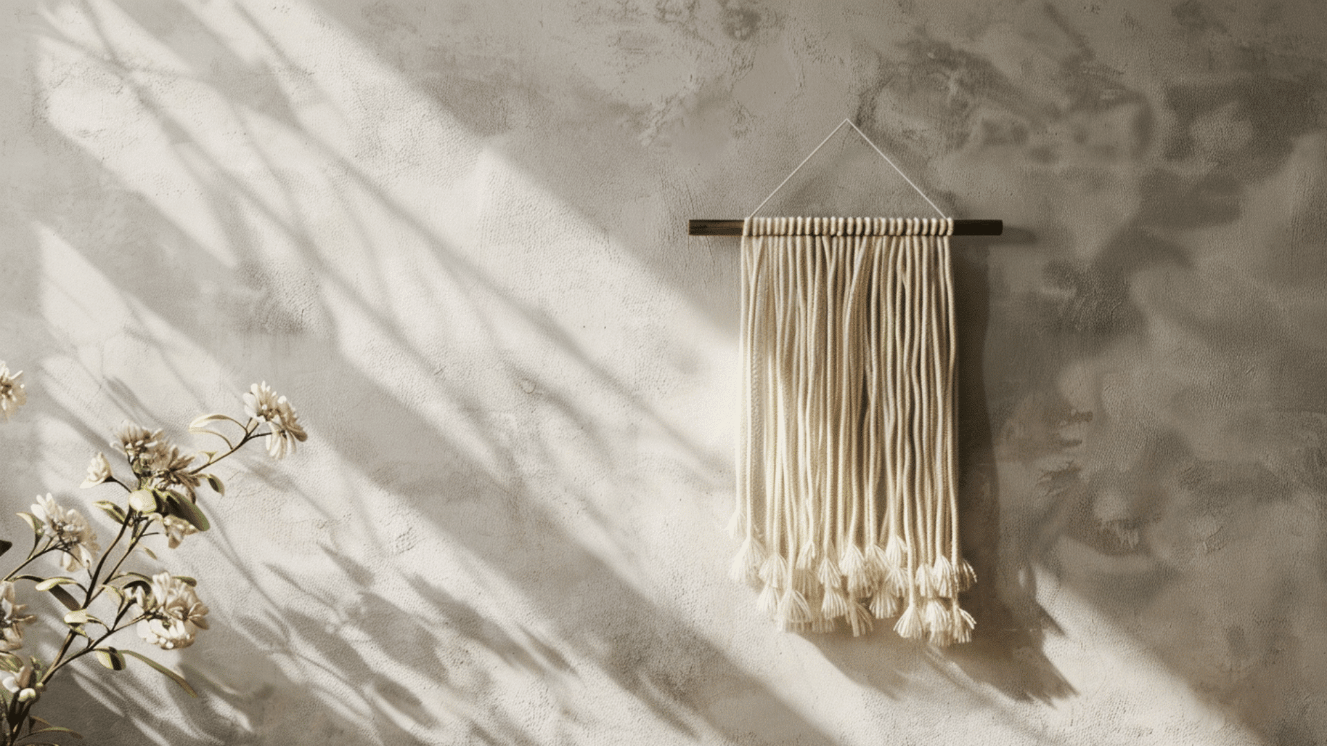 yarn wall hanging with layered threads and soft texture displayed on plain wall in minimal home setting (1)