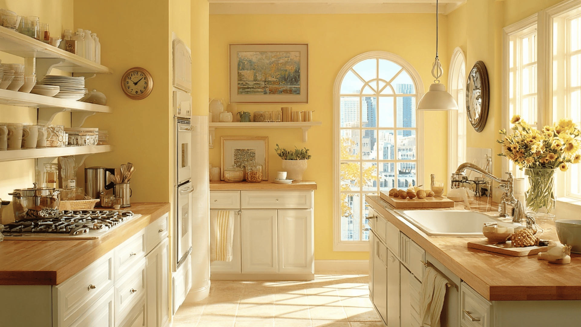 yellow kitchen with honey gold accents white cabinets and wood tops