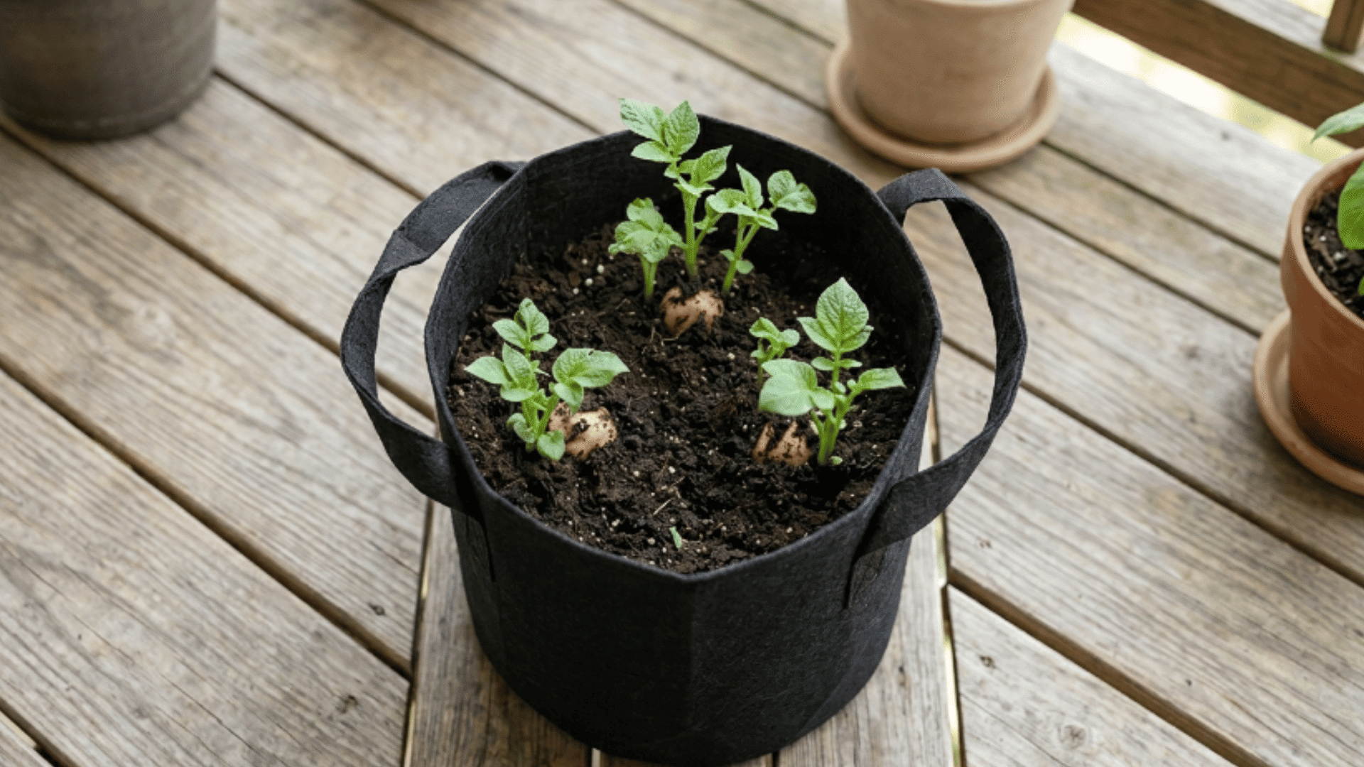 young potato plants sprouting from soil in a black grow bag on a wooden deck in natural sunlight
