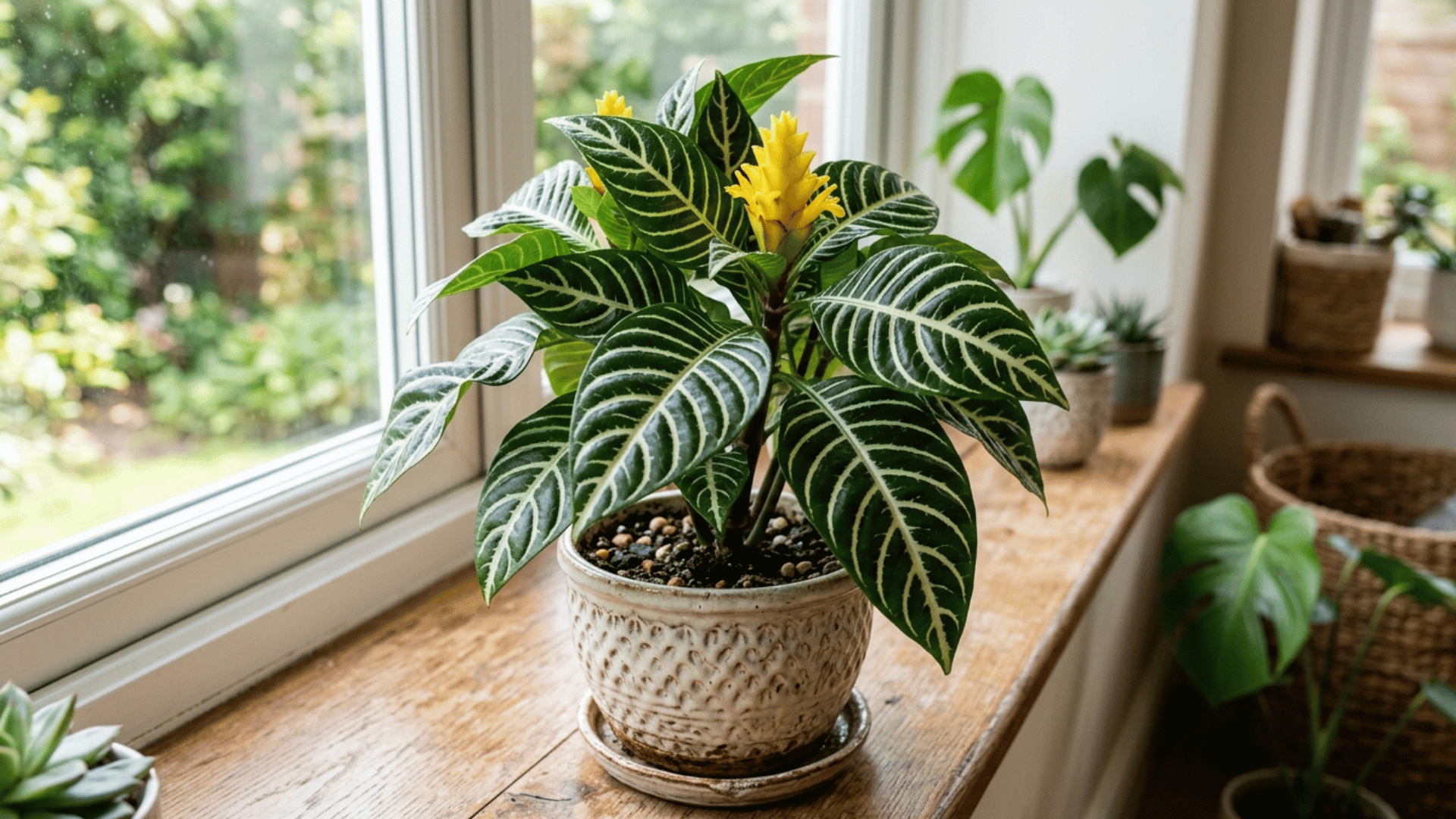 zebra plant with dark green leaves and white stripes in a decorative indoor pot.