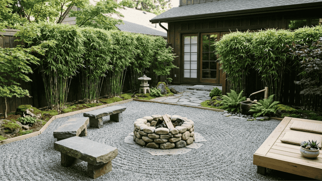 zen garden backyard fire pit gravel bamboo minimalist japanese style outdoor space