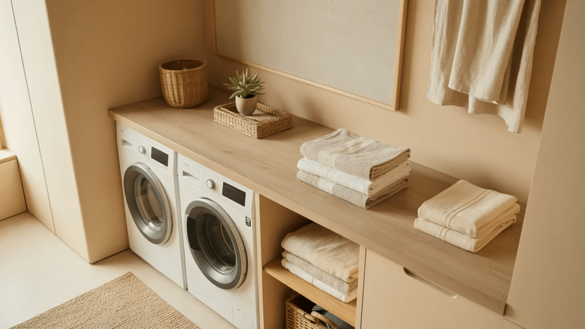 zen-inspired laundry space with wood counter, washer dryer, folded towels, and soft natural decor