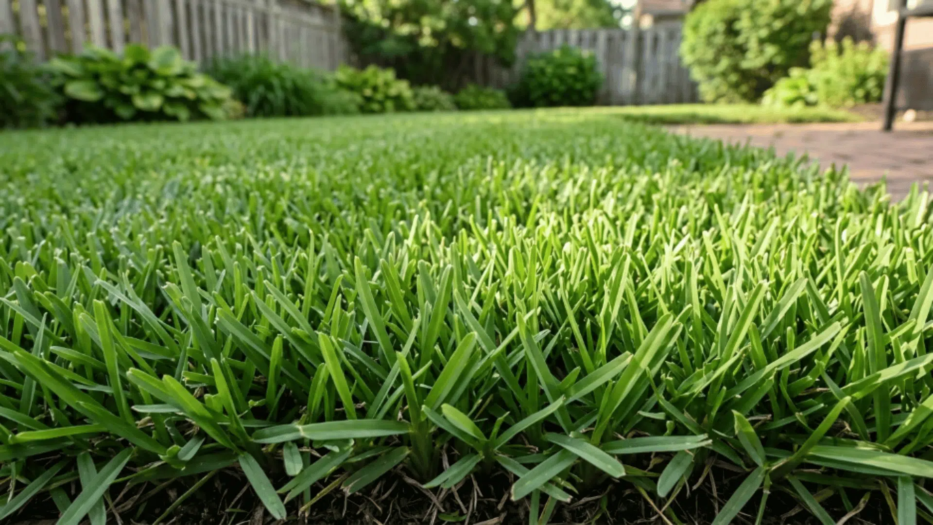 zoysia grass with thick dense texture medium blades and soft green tone forming a compact lawn surface