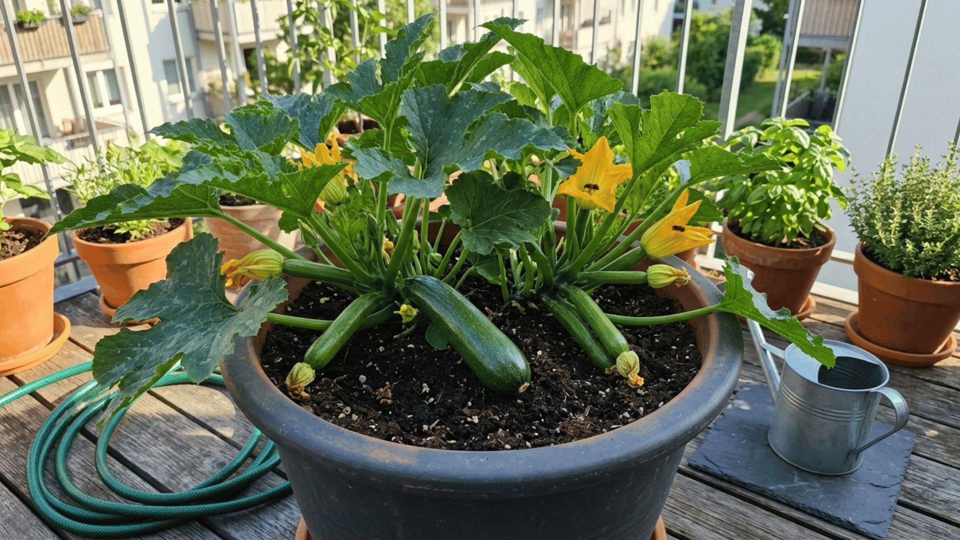 zucchini plant growing in a large pot with yellow flowers and green squash.