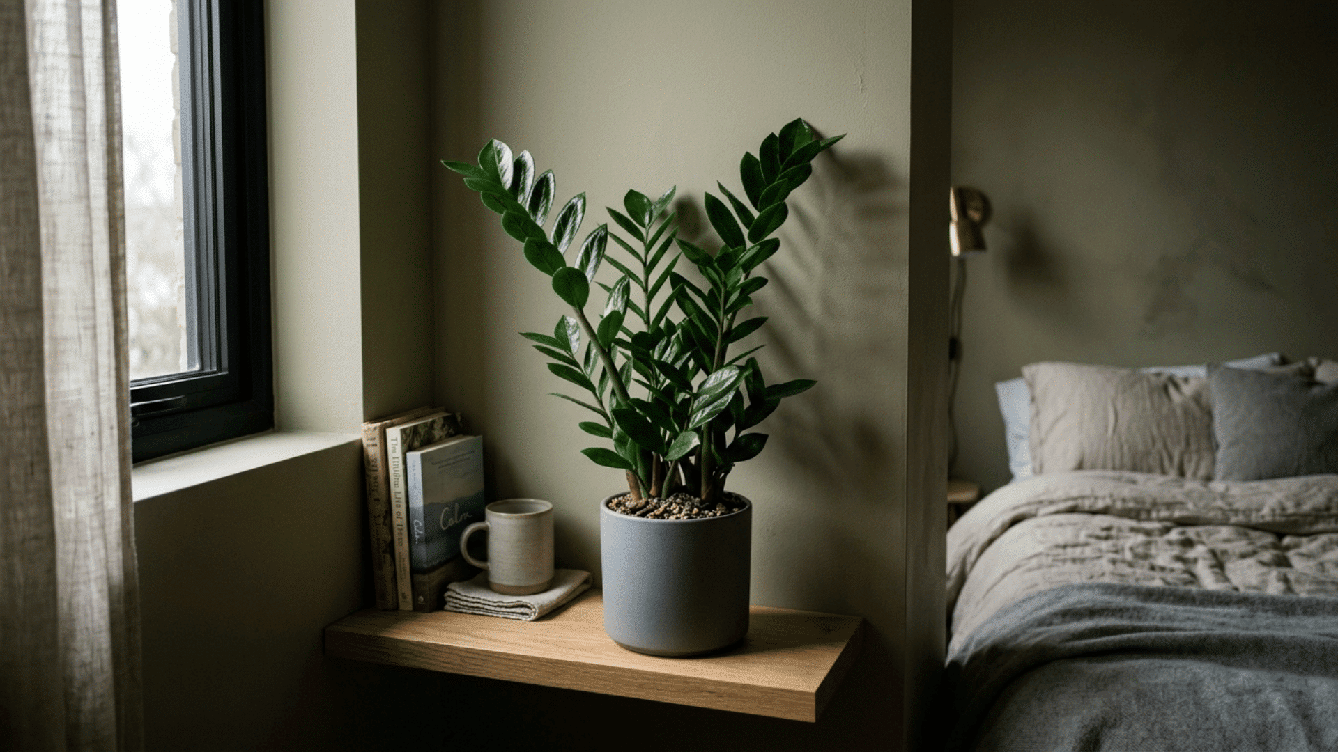 zz plant in a modern pot placed on a small shelf in a dim cozy bedroom corner with soft indoor lighting