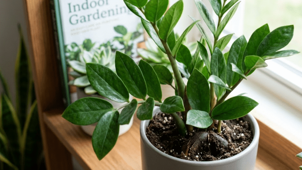 zz plant in white pot on windowsill beside indoor gardening book, showing glossy green leaves in bright natural light setting