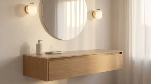 Modern bathroom with round mirror, wall sconces, and wooden vanity under soft natural light