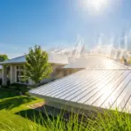 Sun reflecting off modern house with metal roof and lush green lawn