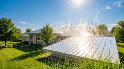 Sun reflecting off modern house with metal roof and lush green lawn