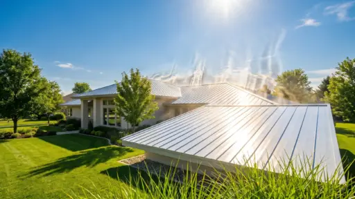 Sun reflecting off modern house with metal roof and lush green lawn