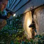 Man with flashlight inspecting rat emerging from cracked wall surrounded by ivy plants