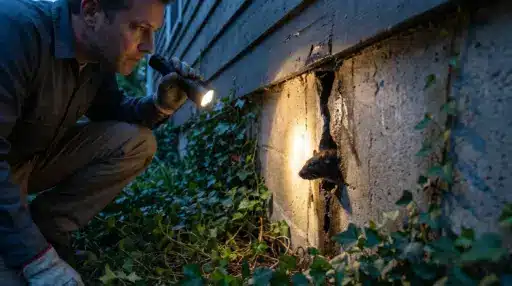 Man with flashlight inspecting rat emerging from cracked wall surrounded by ivy plants