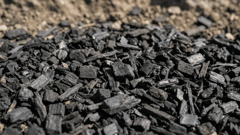 Black rubber mulch pieces covering outdoor ground surface with rough texture, natural sunlight, and realistic close-up landscaping detail.
