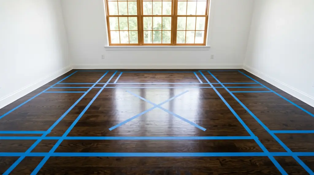 Blue painter's tape outlines a symmetrical pattern on a dark hardwood floor in an empty room with white walls and a large wooden window