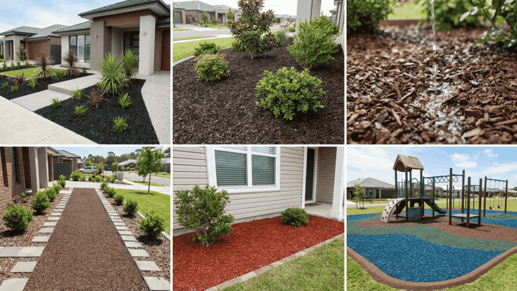 Collage of modern landscaping and playground areas using rubber mulch for weed control, drainage, low maintenance, safety, and durability.