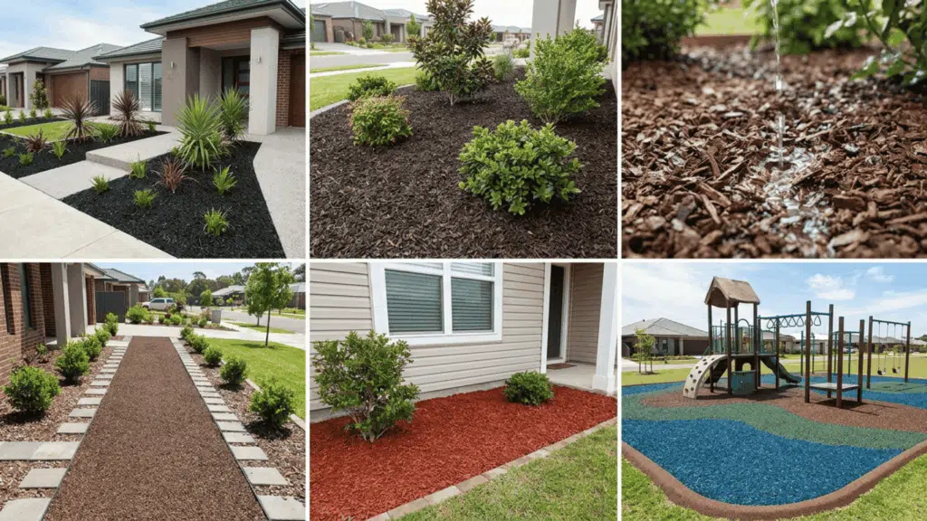 Collage of modern landscaping and playground areas using rubber mulch for weed control, drainage, low maintenance, safety, and durability.
