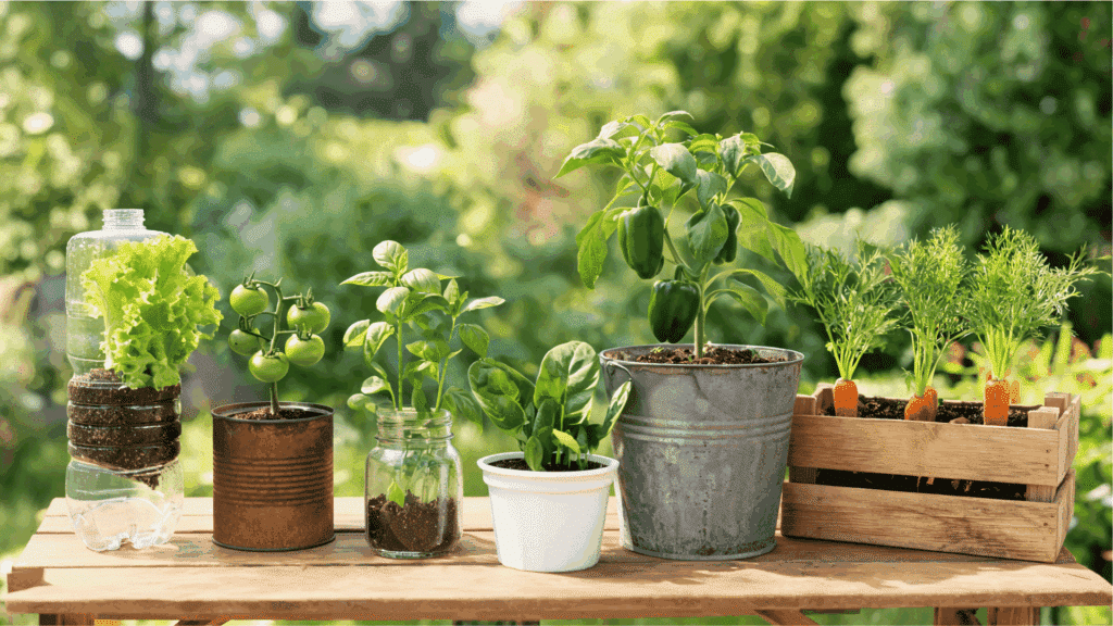 an image of different containers being used to grow vegetables