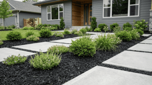 Modern landscaped front yard with black rubber mulch, clean concrete pathways, trimmed shrubs, and decorative plants around a contemporary home exterior.