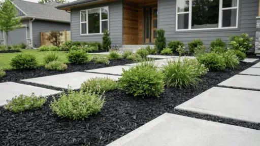 Modern landscaped front yard with black rubber mulch, clean concrete pathways, trimmed shrubs, and decorative plants around a contemporary home exterior.