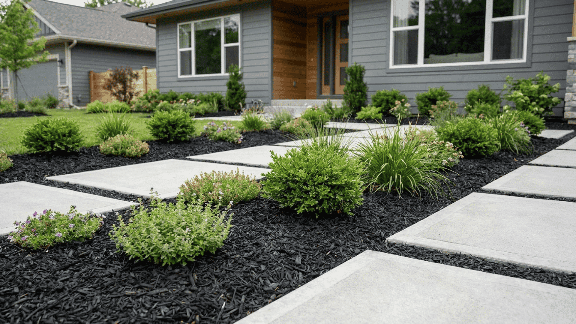 Modern landscaped front yard with black rubber mulch, clean concrete pathways, trimmed shrubs, and decorative plants around a contemporary home exterior.