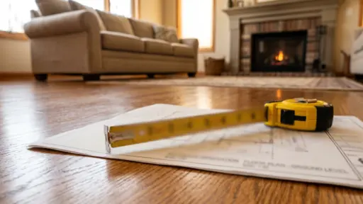 Yellow tape measure resting on a floor plan atop a glossy hardwood floor in a living room with a sofa and fireplace in the background