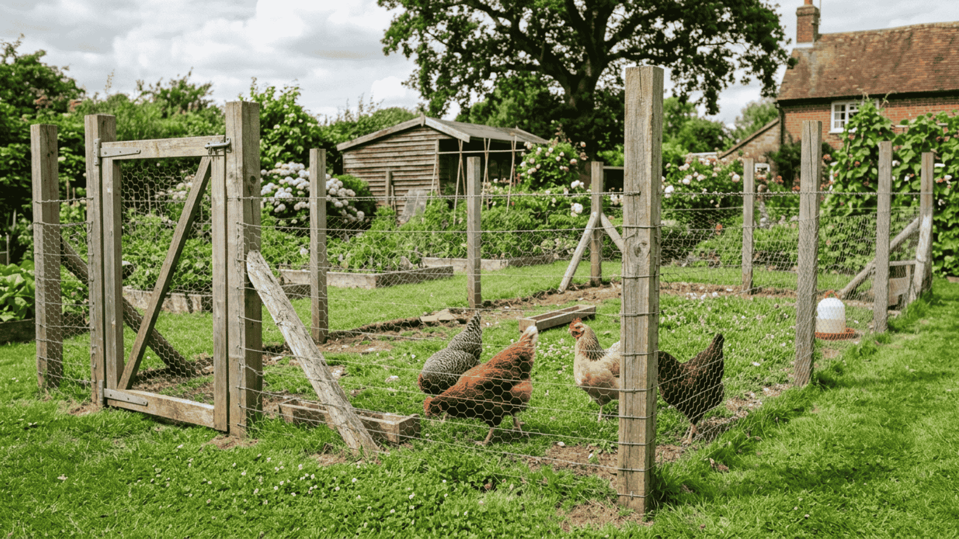 a basic post and wire chicken run with wooden posts and wire fencing on green grass with a few hens walking inside