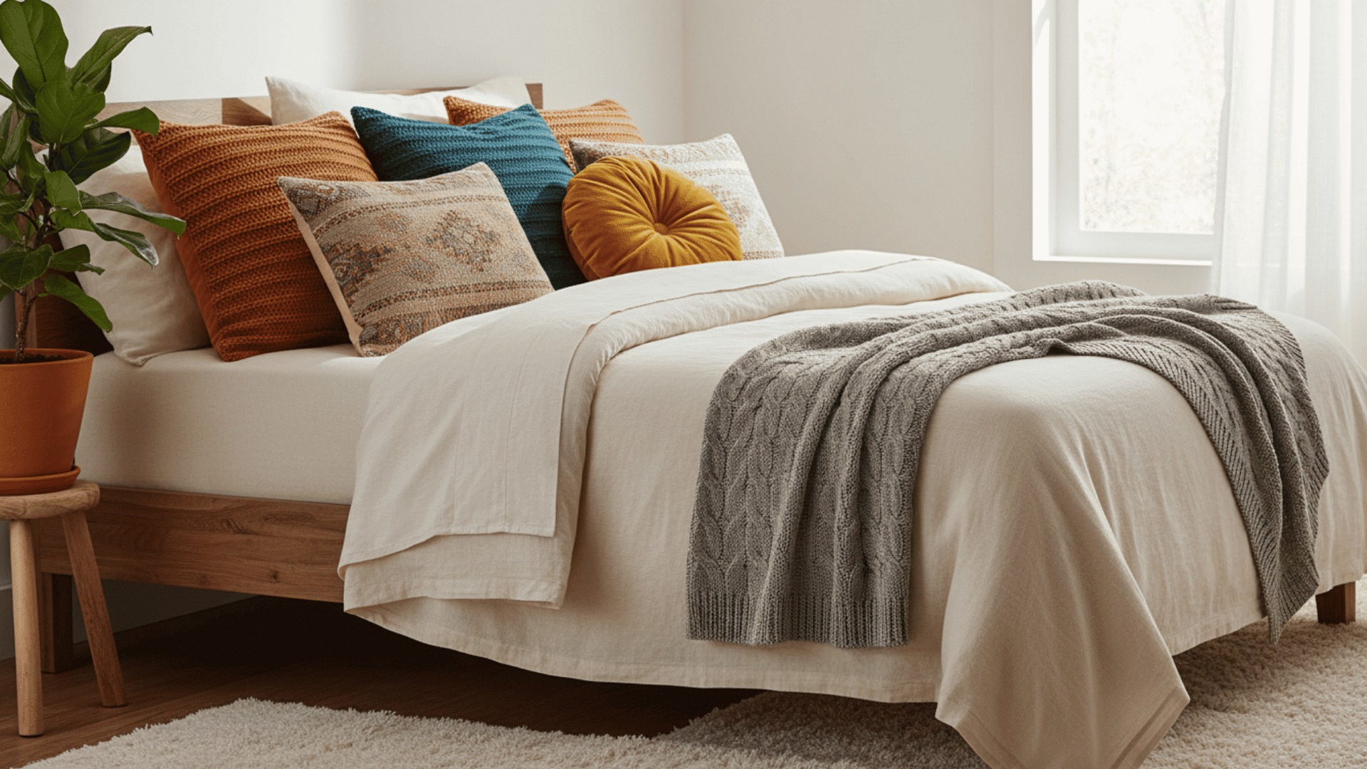 a bedroom with a wooden bed frame white bedding a gray throw a mix of orange blue patterned and yellow pillows and a potted plant on a small stool