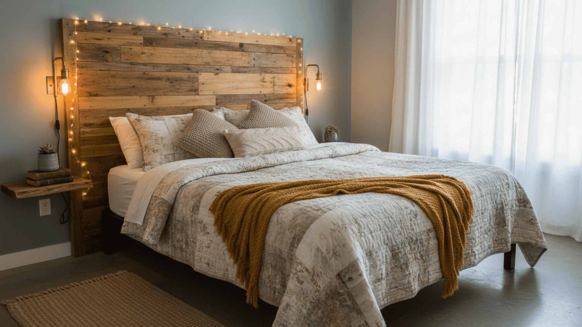 a bedroom with a wooden plank headboard decorated with string lights a neatly made bed with patterned bedding and a mustard throw and wall-mounted lamps on each side