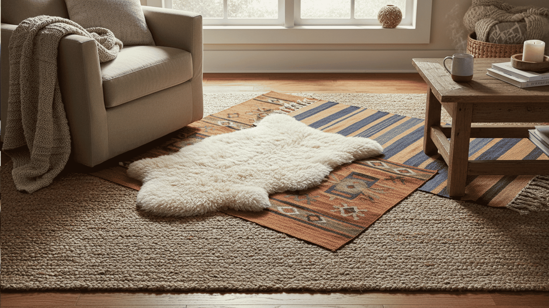 a beige armchair with a knitted throw on it a layered rug with a white sheepskin and a wooden coffee table with a mug and books