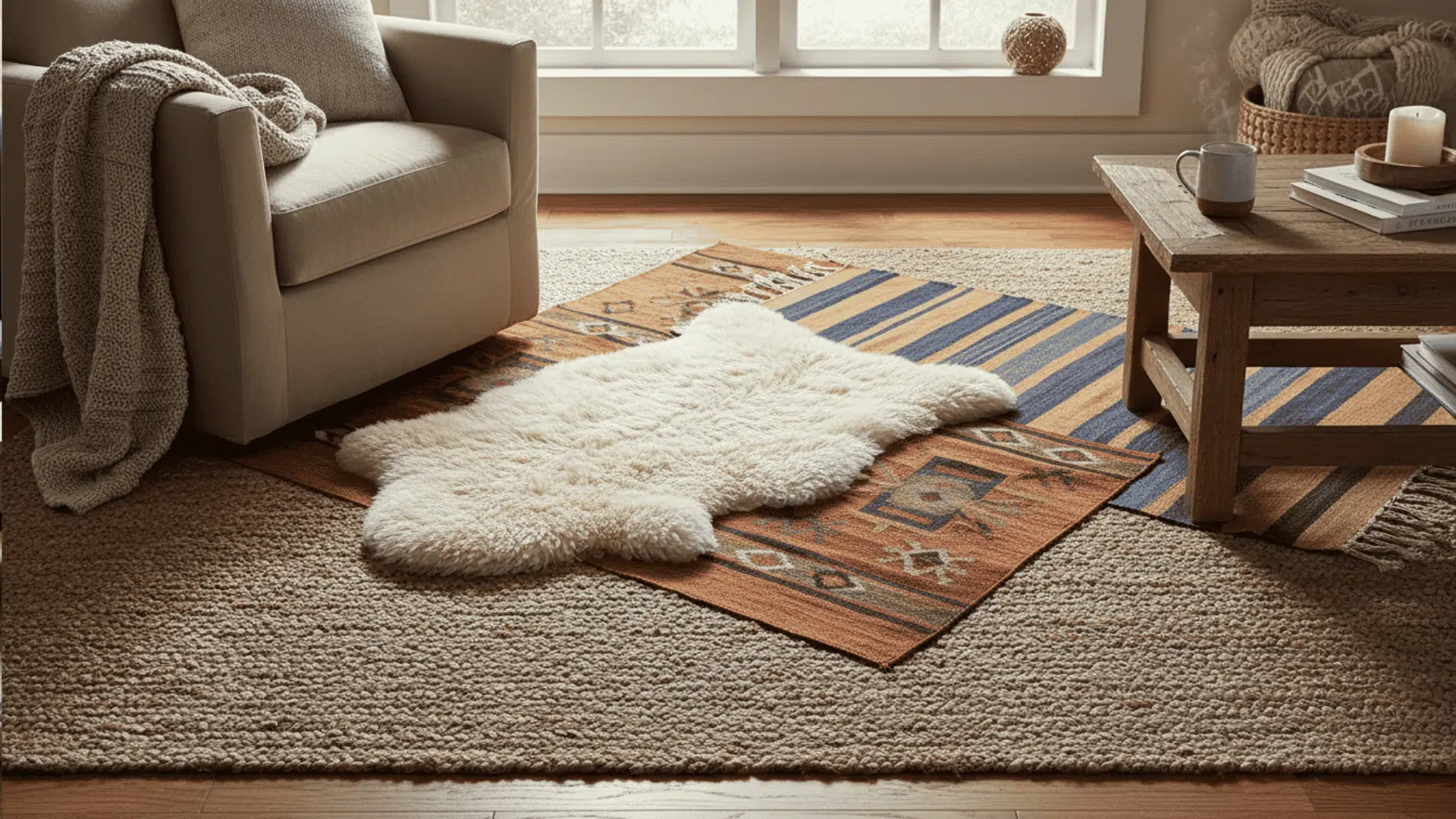 a beige armchair with a knitted throw on it a layered rug with a white sheepskin and a wooden coffee table with a mug and books