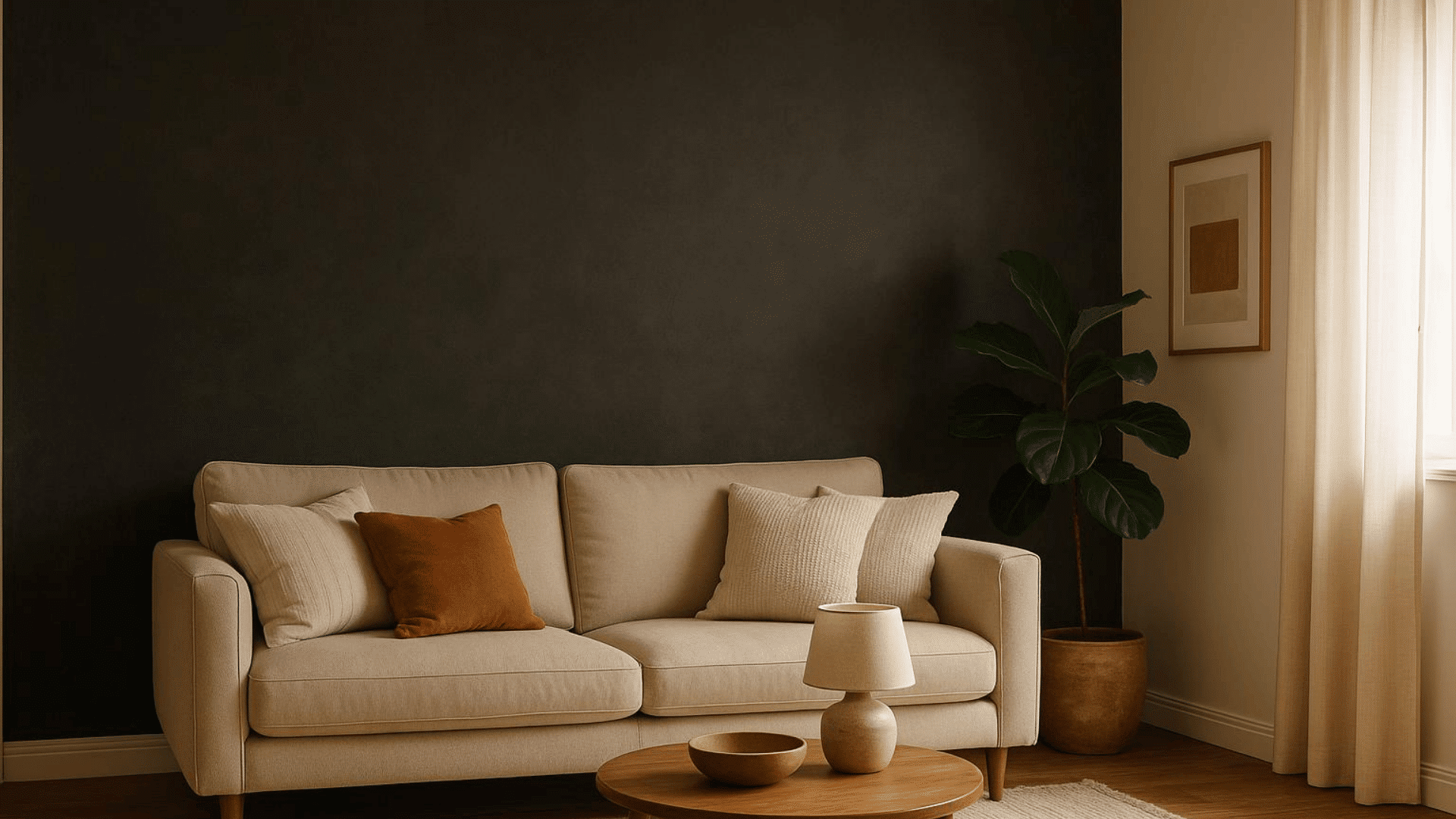 a beige sofa with neutral and rust pillows in front of a dark wall with a round wooden coffee table and a potted plant