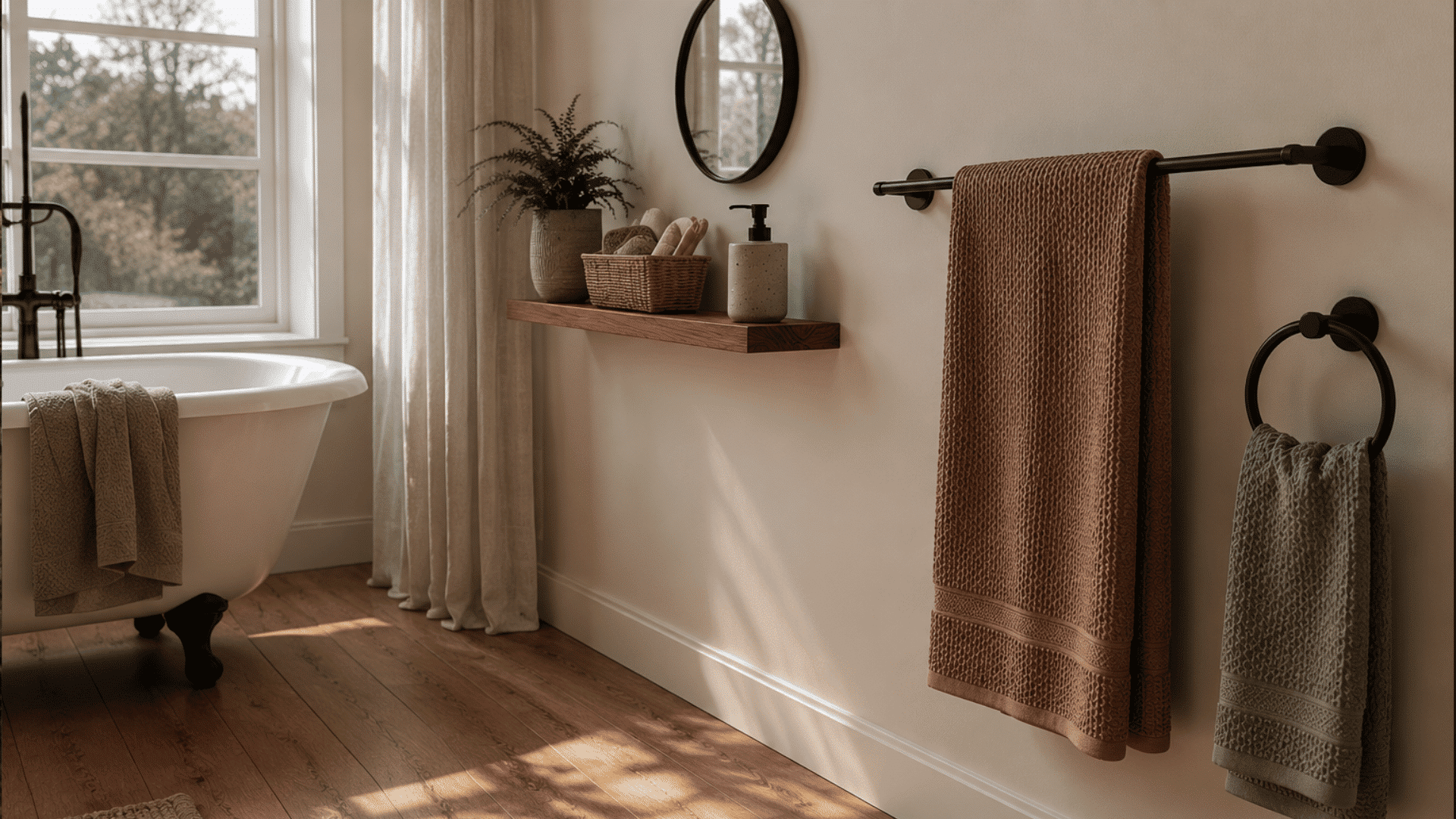 a bright bathroom with a freestanding clawfoot bathtub a wooden floating shelf a round mirror potted plants and towels hanging on black racks