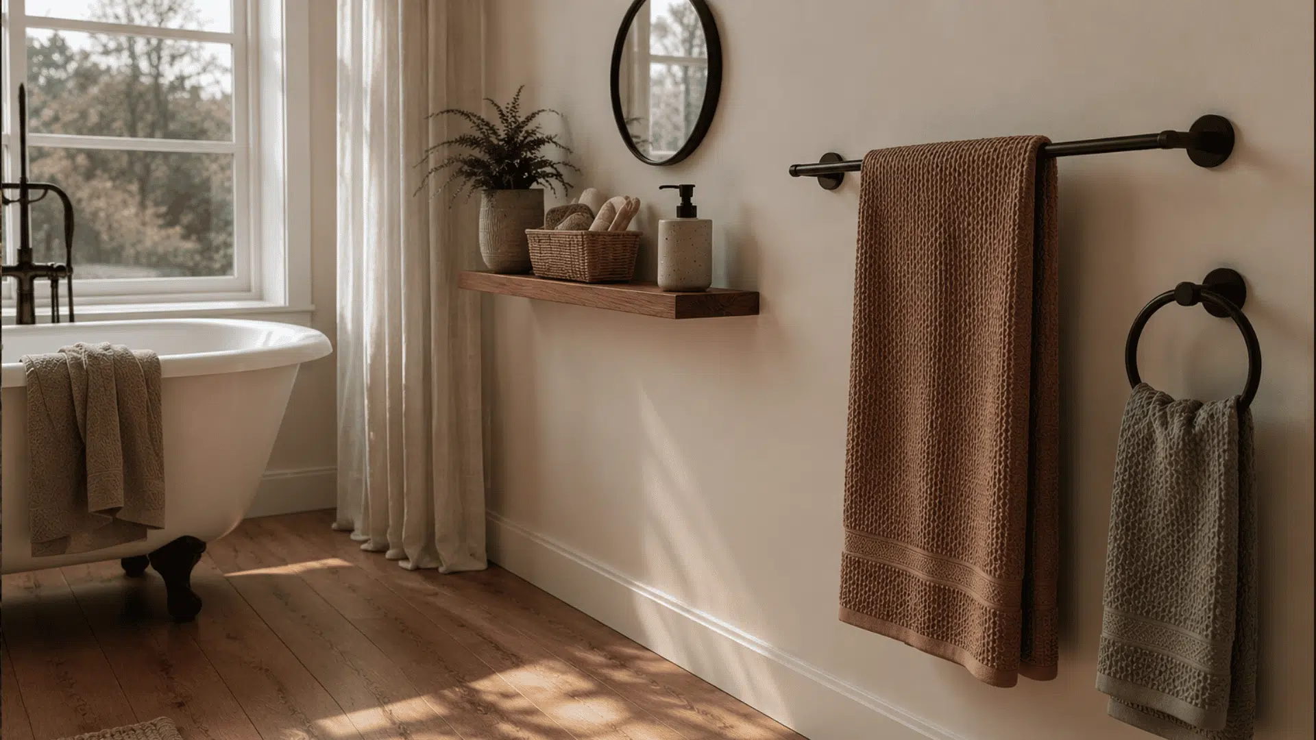 a bright bathroom with a freestanding clawfoot bathtub a wooden floating shelf a round mirror potted plants and towels hanging on black racks