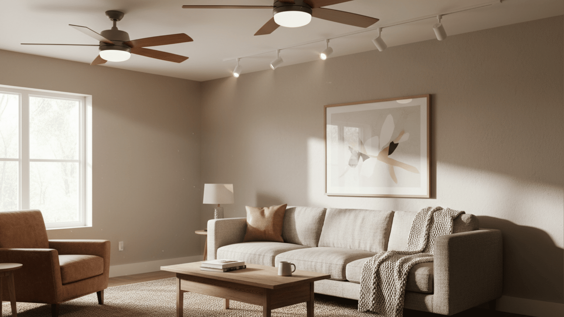 a bright living room with a beige sofa a brown armchair a wooden coffee table a knitted throw and abstract artwork on the wall under ceiling fans