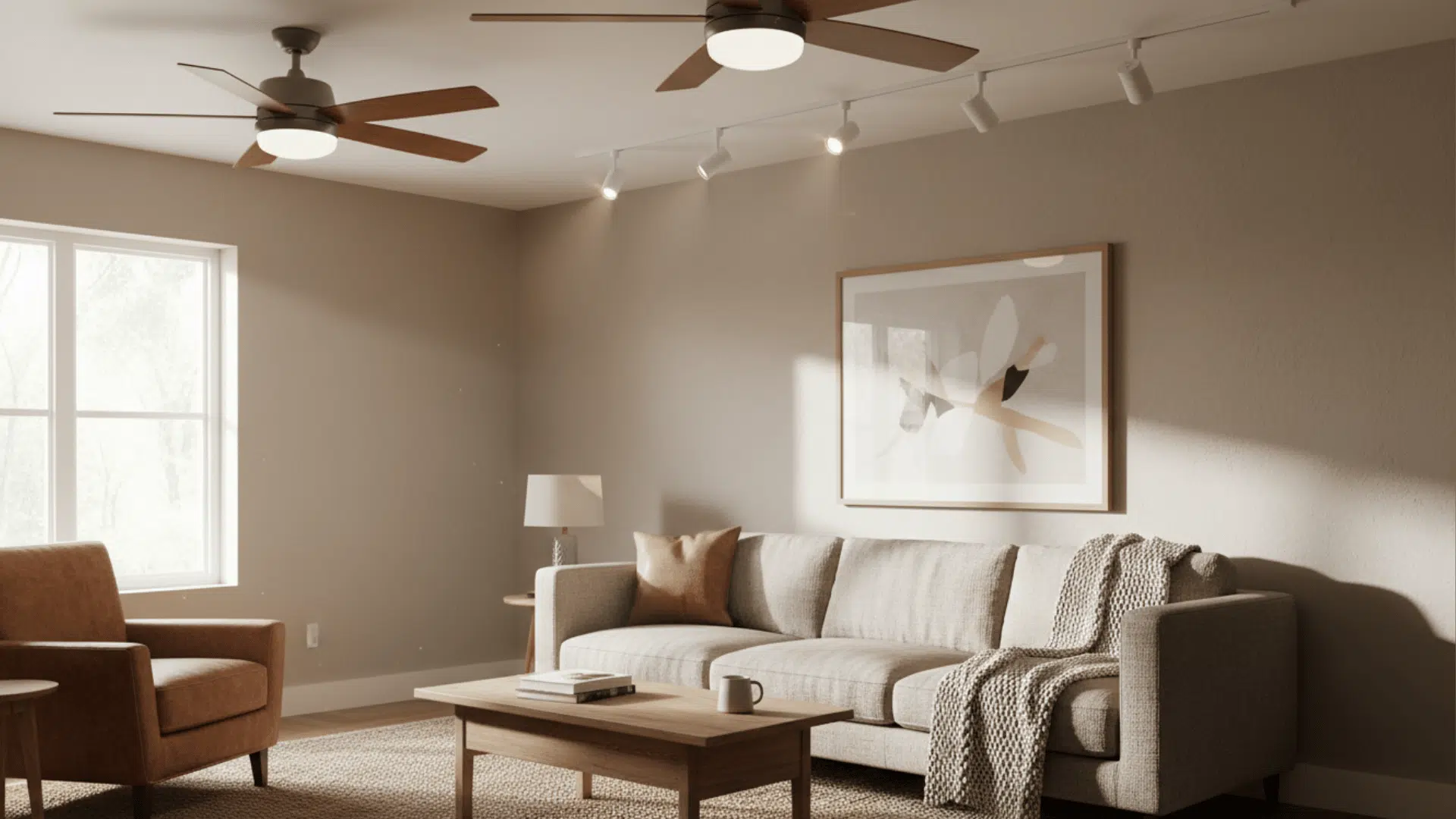 a bright living room with a beige sofa a brown armchair a wooden coffee table a knitted throw and abstract artwork on the wall under ceiling fans