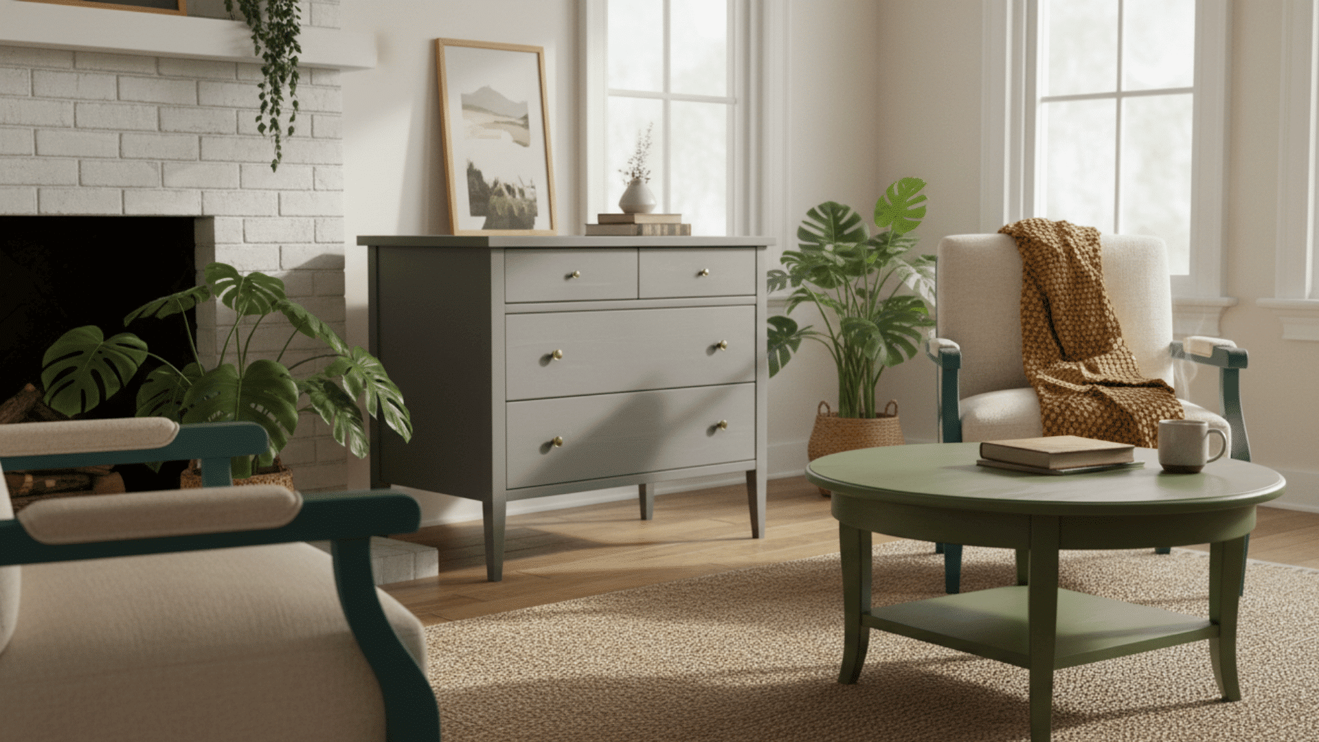 a bright living room with a gray dresser two armchairs a green round coffee table and potted plants near a white brick fireplace