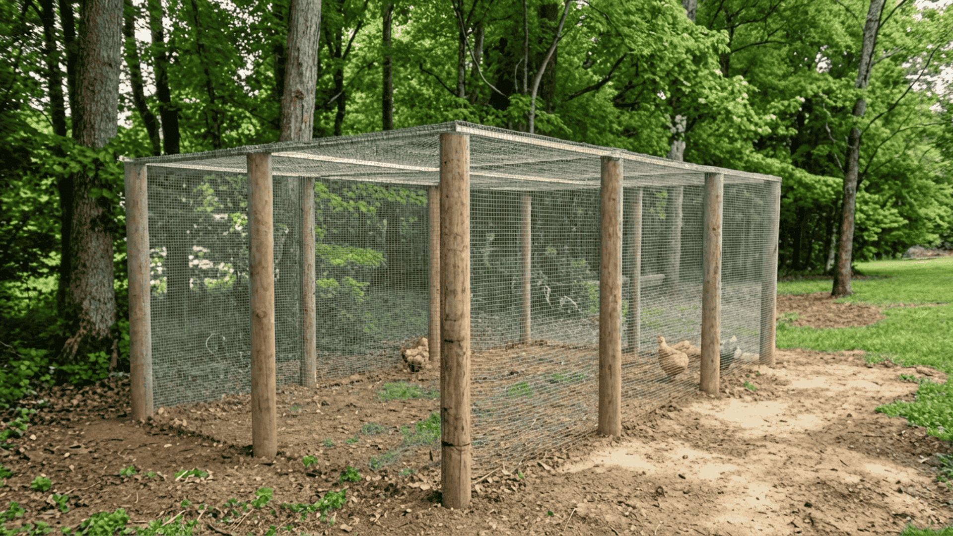 a chicken run built with landscape timber posts and wire fencing in a grassy backyard with hens visible inside