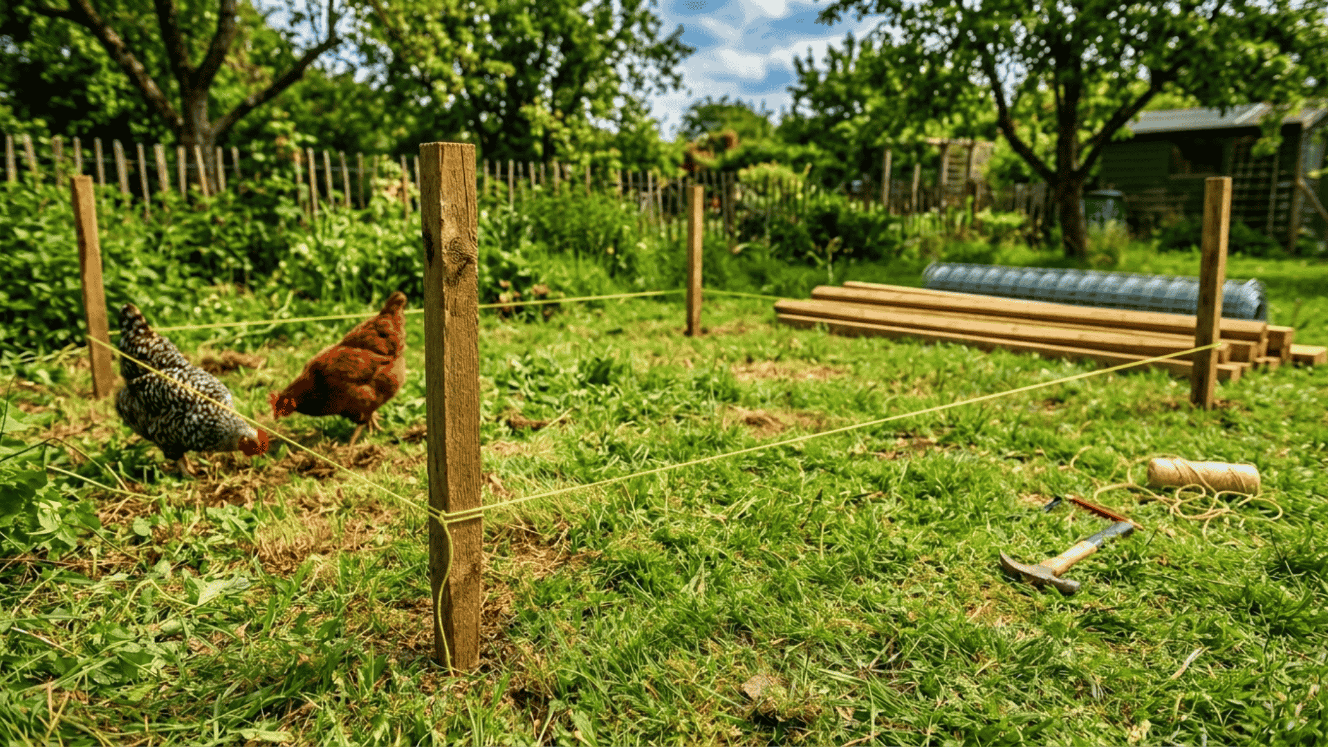 a chicken run layout marked with wooden corner stakes and string stretched between them on a grassy backyard with hens nearby