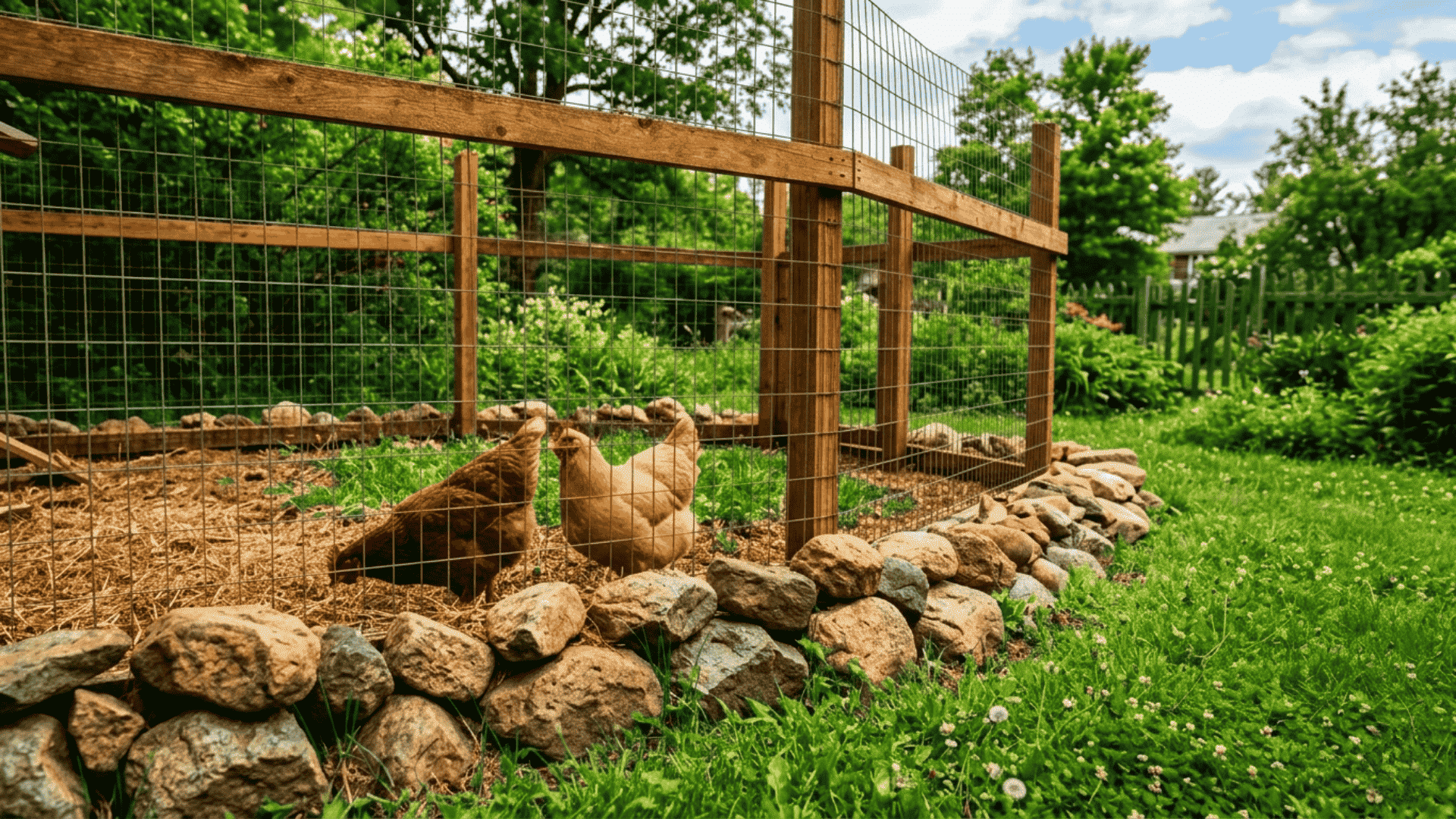 a chicken run perimeter with large rocks placed closely along the base of the wire fencing with hens visible inside