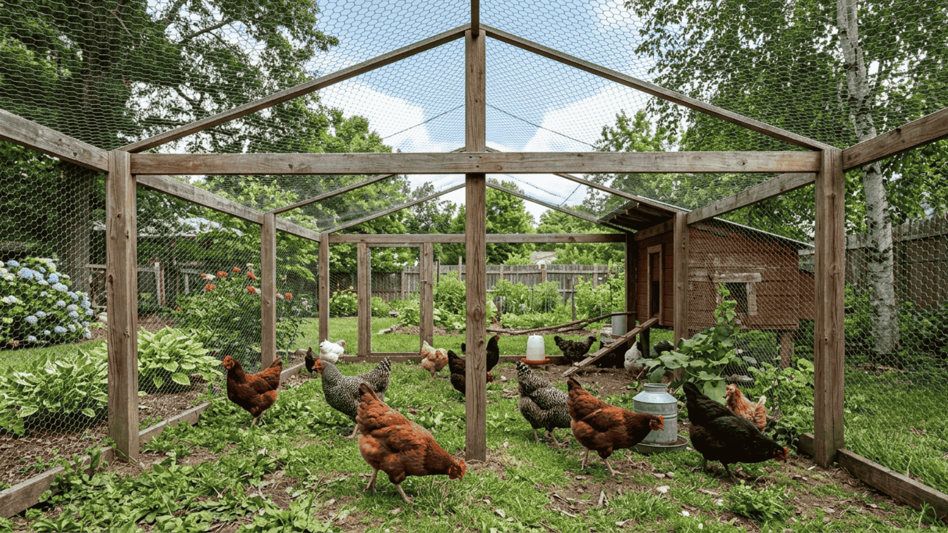 a chicken run with a lightweight wire covered roof and wooden center support beam with hens moving inside below