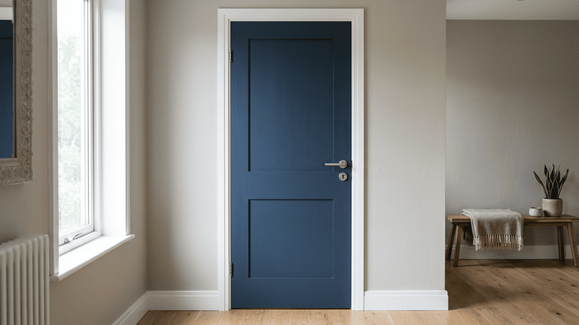 a classic 2-panel interior wooden door painted dark navy blue, with brushed nickel lever handle and keyhole.